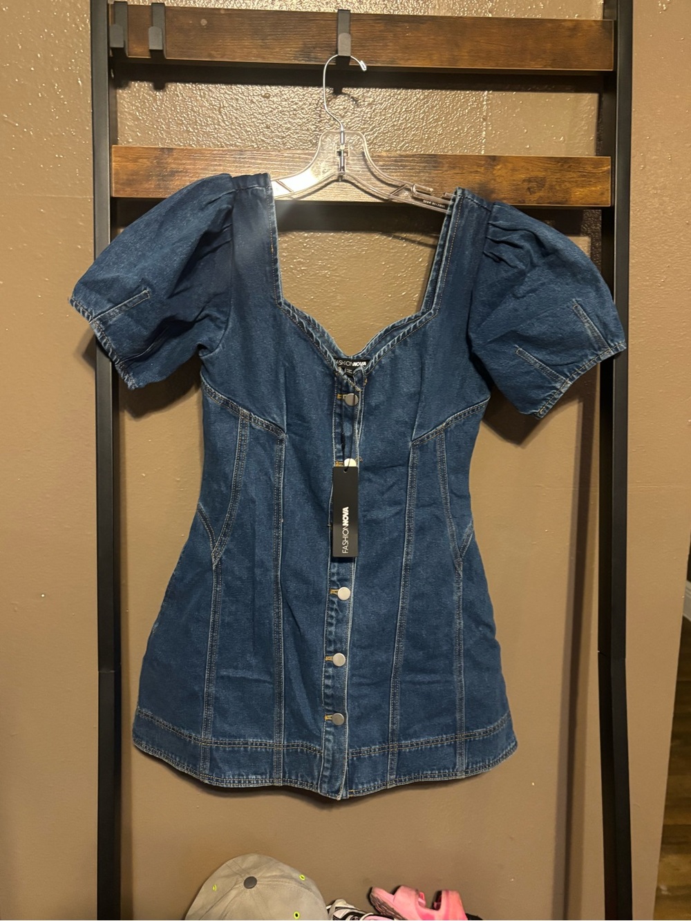 Fashion Nova Dark Blue Denim Puff Sleeve Button-Front Tunic